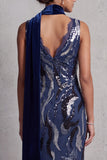 Robe longue de la mère de la mariée en dentelle bleu marine foncé en dentelle marine avec drapé