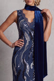 Robe longue de la mère de la mariée en dentelle bleu marine foncé en dentelle marine avec drapé