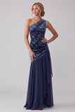 Robe de la mère de la mariée en velours marine en velours marine à une épaule asymétrique en chiffon de sirène