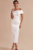 Robe de fiançailles Midi blanche à épaules dénudées, perles à épaule dégagée
