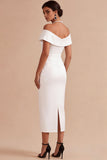 Robe de fiançailles Midi blanche à épaules dénudées, perles à épaule dégagée