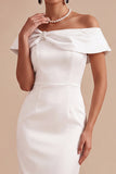 Robe de fiançailles Midi blanche à épaules dénudées, perles à épaule dégagée