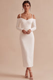 Robe de fiançailles midi blanche à manches longues à épaules froides