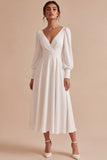 Robe de fiançailles Midi blanche à fronçages A-Line avec manches longues