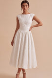 Robe de fiançailles Bateau blanche Jacquard blanche A-Line avec manches courtes