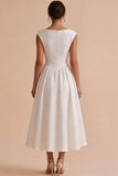 Robe de fiançailles Bateau blanche Jacquard blanche A-Line avec manches courtes