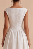 Robe de fiançailles Bateau blanche Jacquard blanche A-Line avec manches courtes
