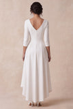 Robe de fiançailles blanche haute à ligne A à col en V avec manches 3/4