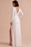 Robe de fiançailles blanche à col en V plissé en ligne A avec fente