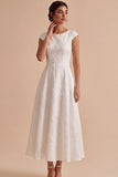 Robe de fiançailles longue Bateau Jacquard ligne A blanche à manches courtes