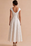 Robe de fiançailles longue Bateau Jacquard ligne A blanche à manches courtes