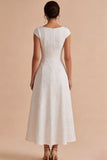 Robe de fiançailles longue Bateau Jacquard ligne A blanche à manches courtes