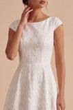 Robe de fiançailles longue Bateau Jacquard ligne A blanche à manches courtes