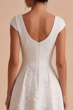 Robe de fiançailles longue Bateau Jacquard ligne A blanche à manches courtes