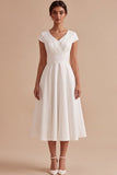 Robe de fiançailles Midi blanche en ligne A simple à col en V et manches courtes