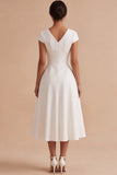 Robe de fiançailles Midi blanche en ligne A simple à col en V et manches courtes
