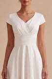 Robe de fiançailles Midi blanche en ligne A simple à col en V et manches courtes