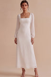 Robe de fiançailles longue blanche à col carré à manches longues