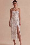 Robe de fiançailles Midi en corset blanc en dentelle avec fente