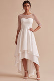 Robe de fiançailles à encolure blanche à encolure illusion haute-basse asymétrique asymétrique avec des manches 3/4
