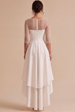 Robe de fiançailles à encolure blanche à encolure illusion haute-basse asymétrique asymétrique avec des manches 3/4