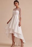 Robe de fiançailles à encolure blanche à encolure illusion haute-basse asymétrique asymétrique avec des manches 3/4