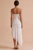 Robe de fiançailles sans bretelles blanche à ourlet fleuri appliquée asymétrique à ourlet haut-bas