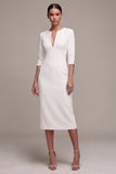 Robe de fiançailles Midi blanche à col en V avec manches 3/4