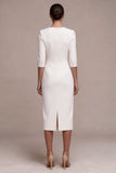 Robe de fiançailles Midi blanche à col en V avec manches 3/4