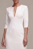 Robe de fiançailles Midi blanche à col en V avec manches 3/4