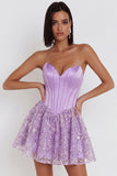 Corset lilas Sequins Appliques Robe courte de rentrée en satin A-Line Strap