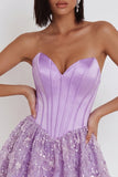 Corset lilas Sequins Appliques Robe courte de rentrée en satin A-Line Strap