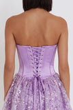 Corset lilas Sequins Appliques Robe courte de rentrée en satin A-Line Strap