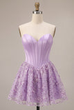 Corset lilas Sequins Appliques Robe courte de rentrée en satin A-Line Strap