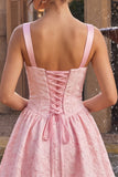 Robe courte de rentrée à la maison à col carré rose jacquare basque à bretelles épaisses