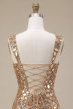 Sequins miroir dorés, tulle bodycon épais, bretelles épaisses, robe courte de rentrée à la maison avec fente latérale