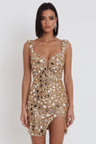 Sequins miroir dorés, tulle bodycon épais, bretelles épaisses, robe courte de rentrée à la maison avec fente latérale