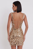 Sequins miroir dorés, tulle bodycon épais, bretelles épaisses, robe courte de rentrée à la maison avec fente latérale