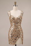 Sequins miroir dorés, tulle bodycon épais, bretelles épaisses, robe courte de rentrée à la maison avec fente latérale