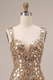 Sequins miroir dorés, tulle bodycon épais, bretelles épaisses, robe courte de rentrée à la maison avec fente latérale