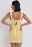Corset jaune clair, perles, appliques floraux, longues bretelles, bodycon, robe courte de rentrée,