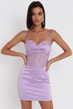 Broderie en satin perlé lilas Corset froncé Robe courte de rentrée