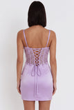 Broderie en satin perlé lilas Corset froncé Robe courte de rentrée