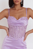Broderie en satin perlé lilas Corset froncé Robe courte de rentrée
