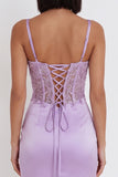 Broderie en satin perlé lilas Corset froncé Robe courte de rentrée