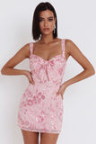 Corset à sequins roses scintillants Corset à larges bretelles Robe courte de bal avec nœud