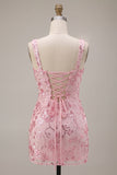 Corset à sequins roses scintillants Corset à larges bretelles Robe courte de bal avec nœud