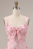 Corset à sequins roses scintillants Corset à larges bretelles Robe courte de bal avec nœud