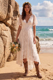 Robe de mariée blanche à col V à manches papillon ligne A asymétrique haute-basse avec dentelle