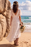 Robe de mariée blanche à col V à manches papillon ligne A asymétrique haute-basse avec dentelle